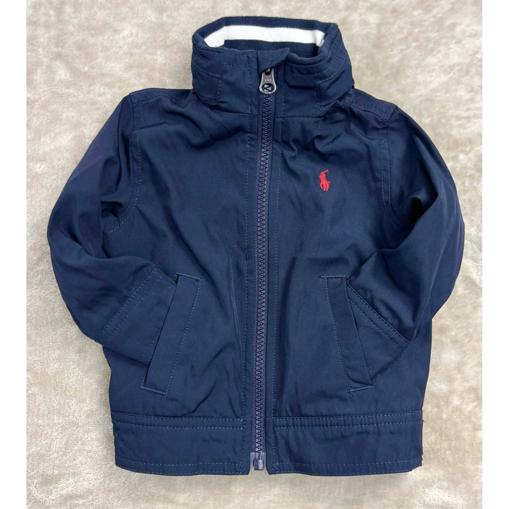 EUC Ralph Lauren Kids Navy Blue Hooded Windbreaker Jacket Size 6M Red Pony Logo